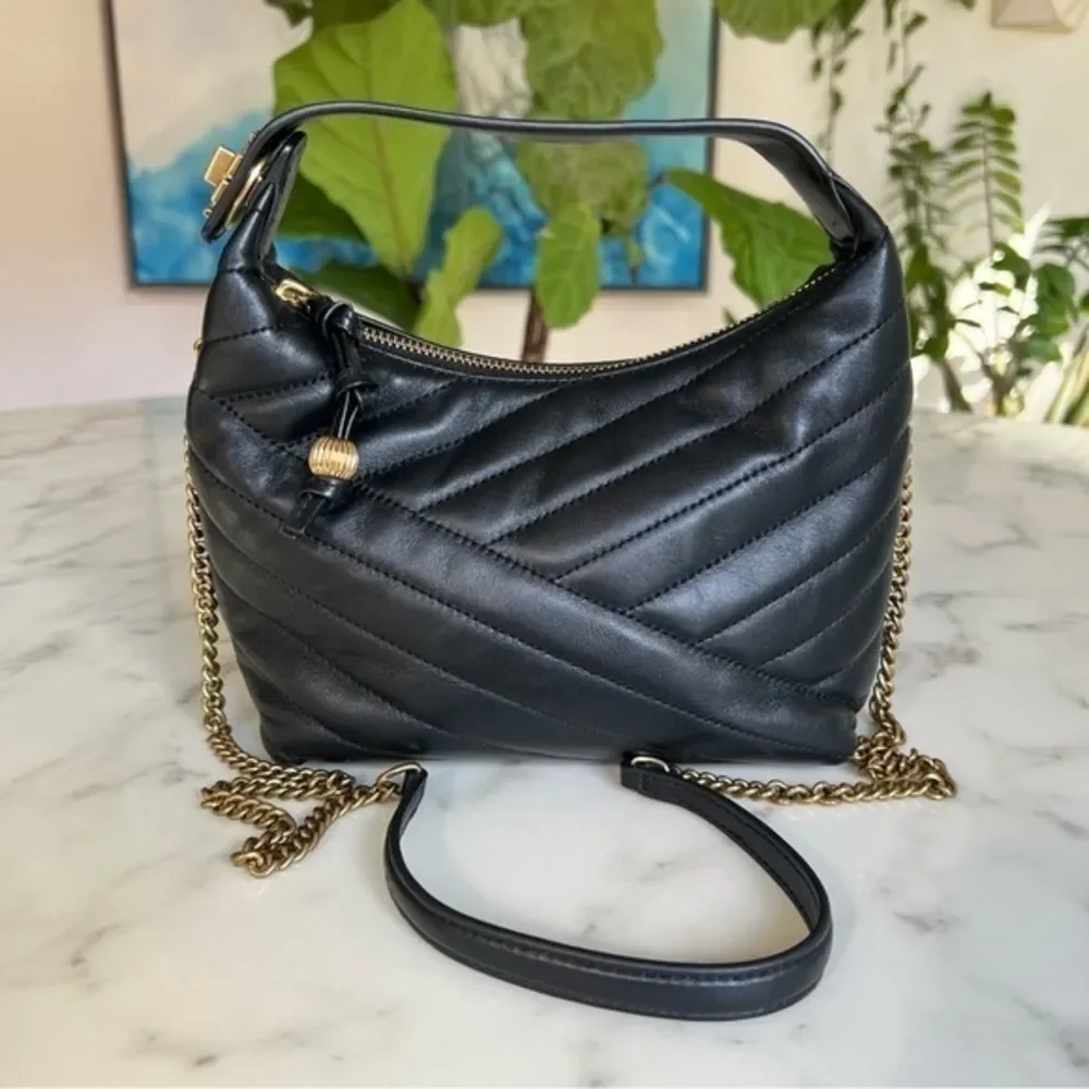 Tory Burch Kira Chevron Crescent Bag Black Quilted Leather Gold Chain Crossbody